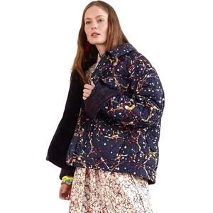 Rosie Assoulin Marble Print Reversible Puffer | Navy Wool Plaid Quilted Jacket S